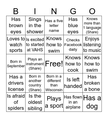 New Student VAHS Bingo  Bingo Card