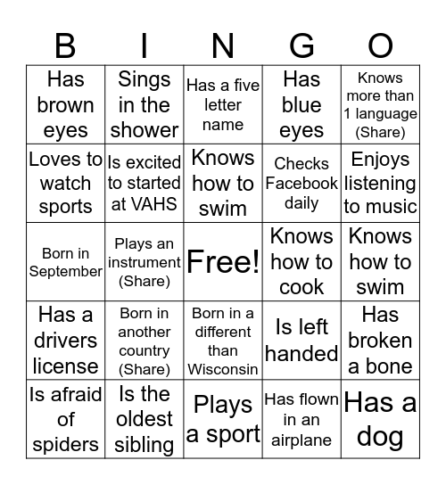 New Student VAHS Bingo  Bingo Card