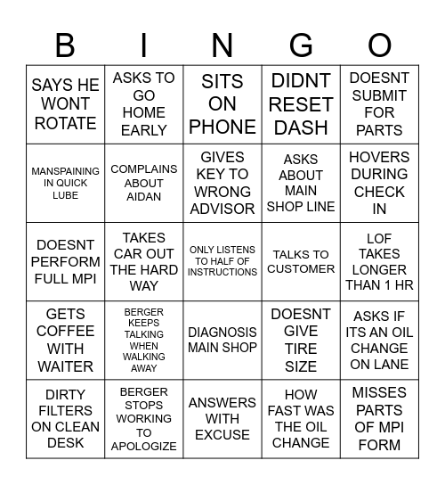 BERGER BINGO Card