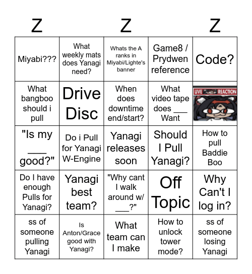 Zenless Help Channel Bingo Card