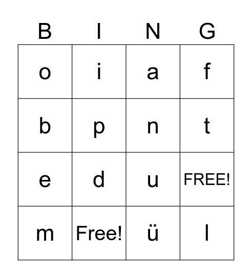 a o e i u ü + b p m f d t n l Bingo Card