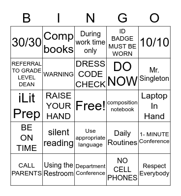 That's BAE! (Behavior & Expectations) Bingo Card