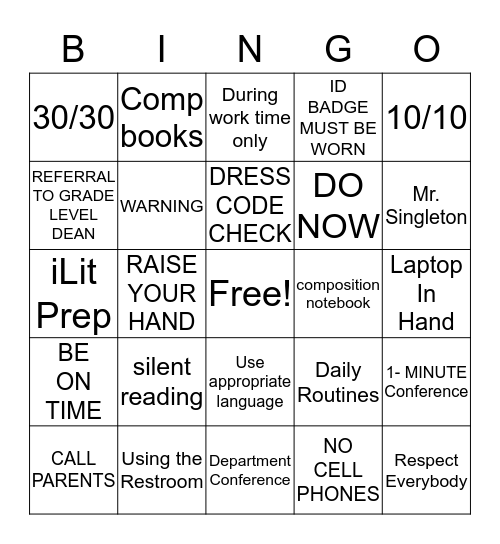 That's BAE! (Behavior & Expectations) Bingo Card