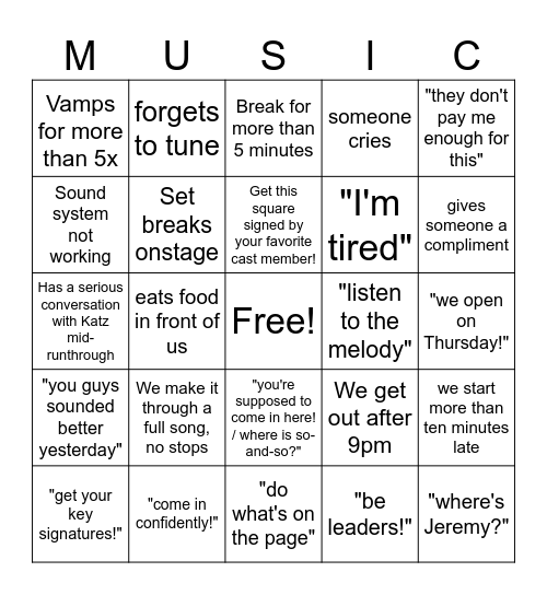 Pit orchestra (Davies) Bingo! Bingo Card