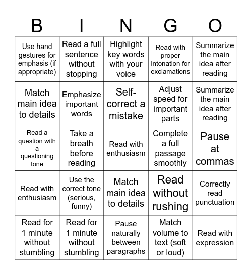 Fluency Bingo Card