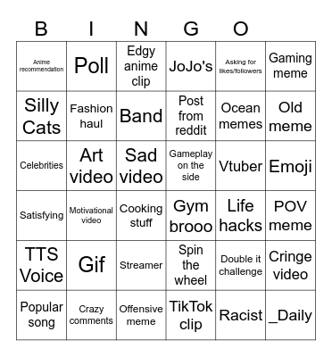 Instagram Reels bingo Card