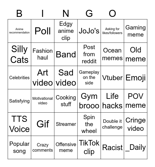 Instagram Reels bingo Card