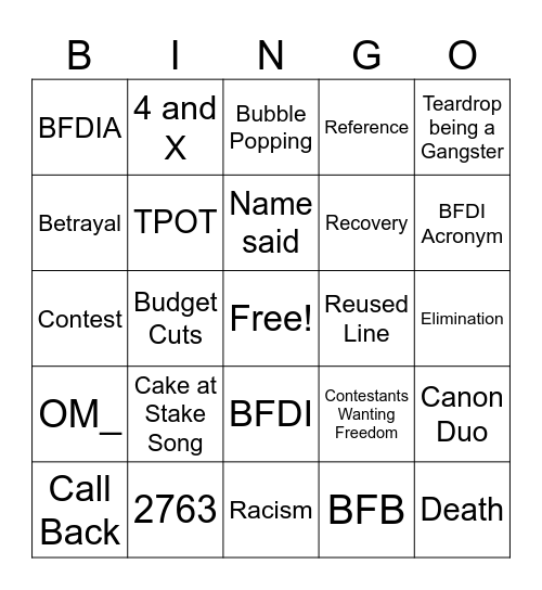 BFDI Bingo Card