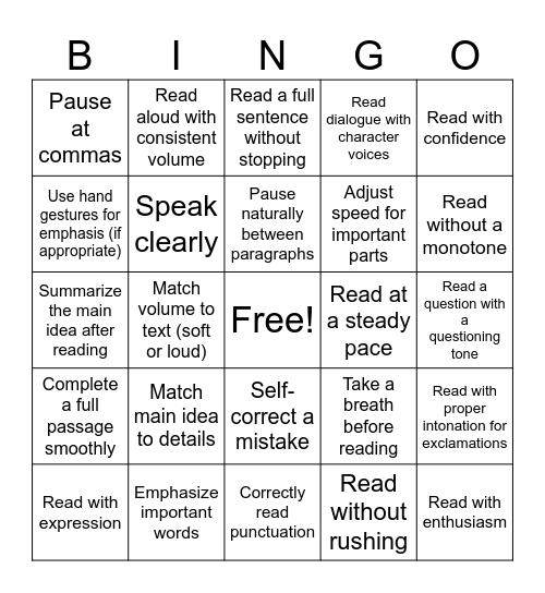 Fluency Bingo Card