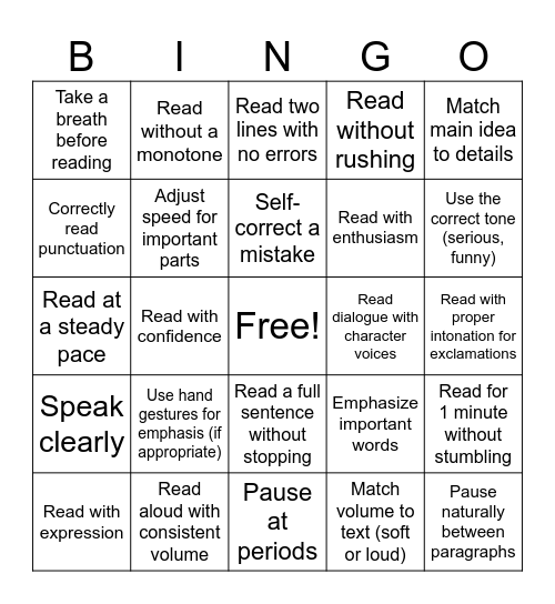 Fluency Bingo Card
