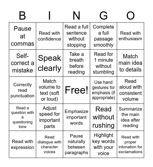Fluency Bingo Card