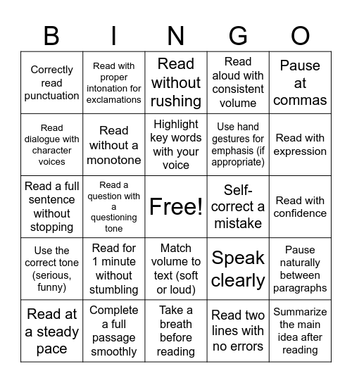 Fluency Bingo Card