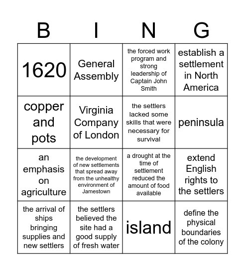 Jamestown Bingo Card