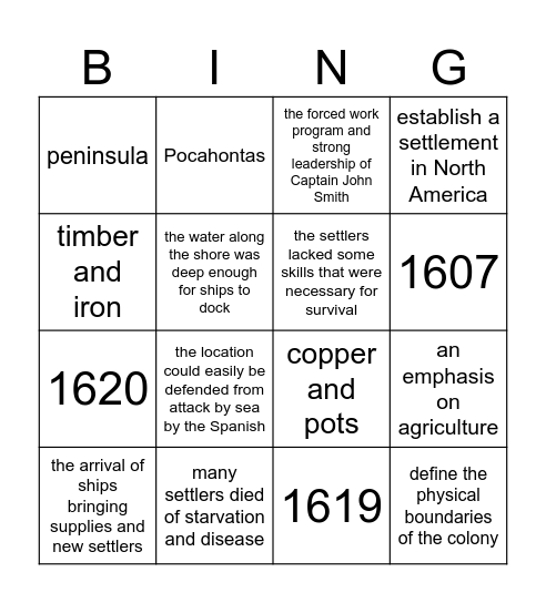 Jamestown Bingo Card