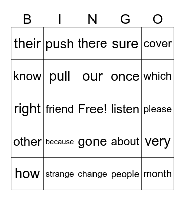 sight words Bingo Card