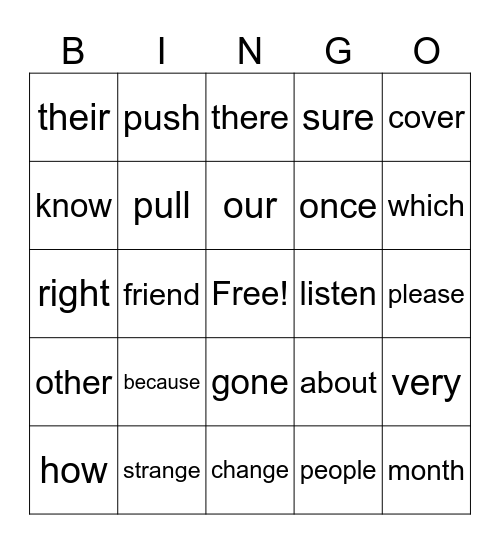 sight words Bingo Card