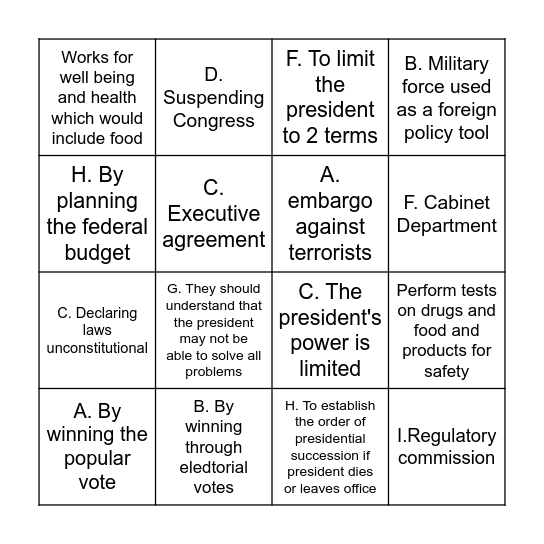 Civics Chapter 8 Test- The Executive Branch Bingo Card