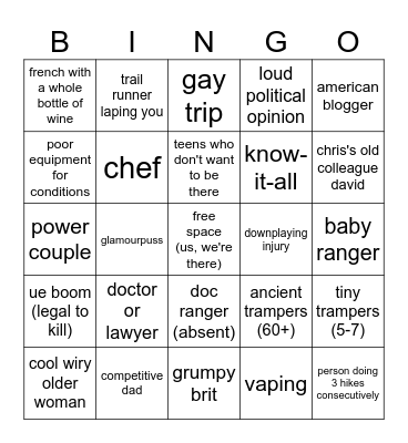 Great Walk People Bingo Card