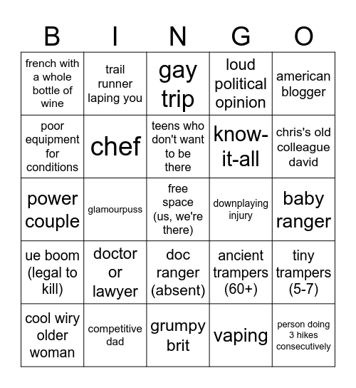 Great Walk People Bingo Card