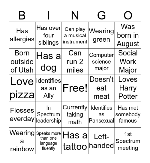 Spectrum Bingo Card