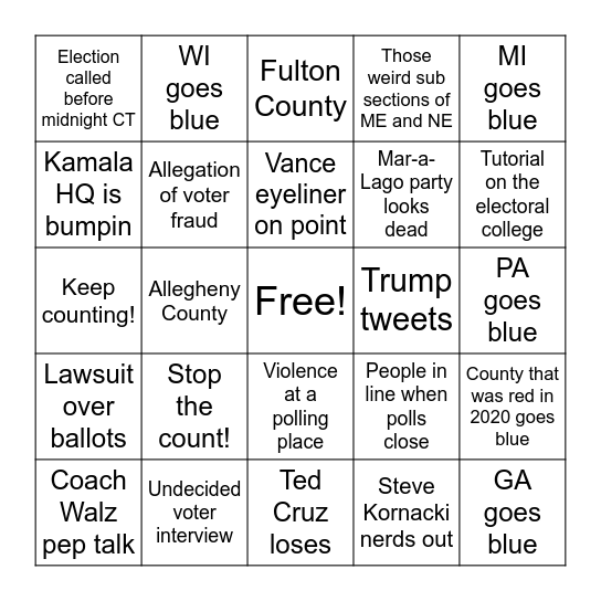 Election Night Bingo Card