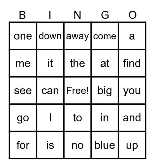 Sight Word Bingo Card