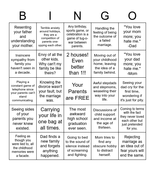 Child of Divorce Bingo Card