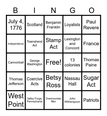 American Revolution Bingo Card