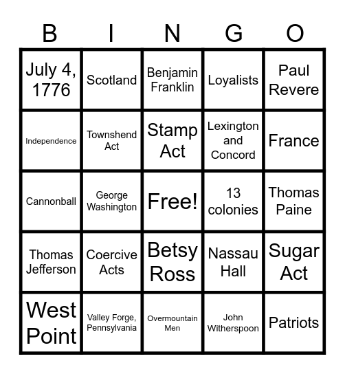 American Revolution Bingo Card