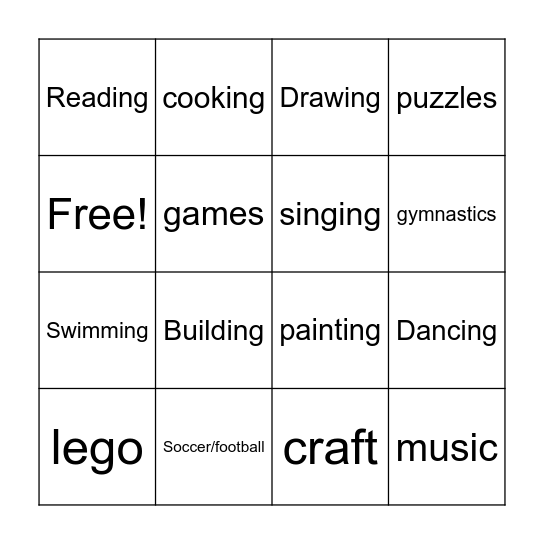 Hobbies Bingo Card