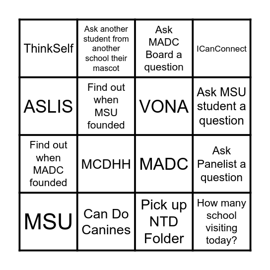 MADC Youth Transition Day Bingo Card