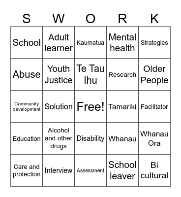 Social work Bingo Card