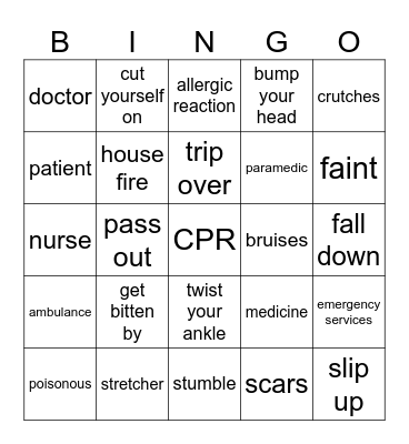 Accident and Emergency Bingo Card