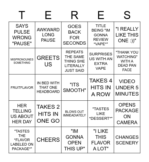 TERESA VAPE REVIEW BINGO Card