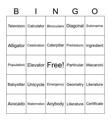 Four-Syllable Bingo Card