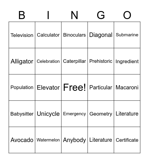 Four-Syllable Bingo Card