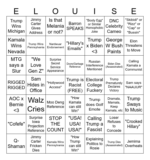 Sam and Jem's Election Bingo Card