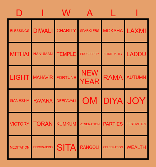 Diwali Party Bingo Card