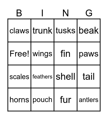 Animal Body Parts Bingo Card