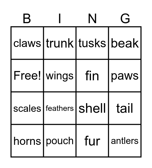 Animal Body Parts Bingo Card