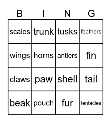 Animal Body Parts Bingo Card