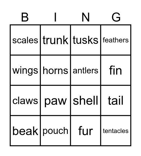 Animal Body Parts Bingo Card