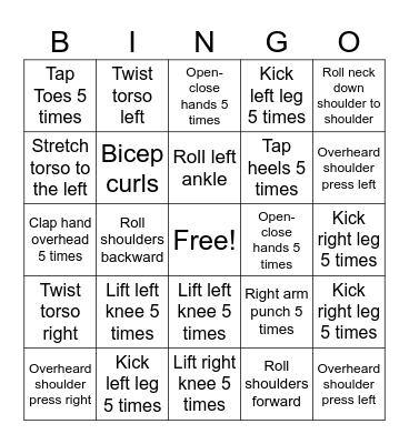 Senior Bingo Exercise Bingo Card