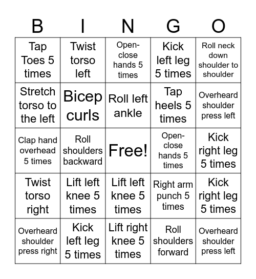 Senior Bingo Exercise Bingo Card