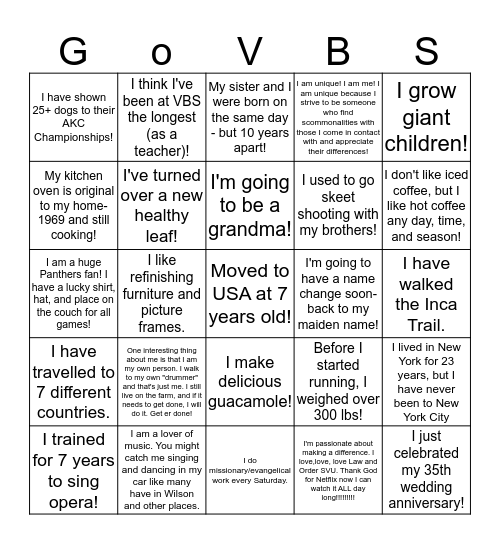 GoVBS! Bingo Card