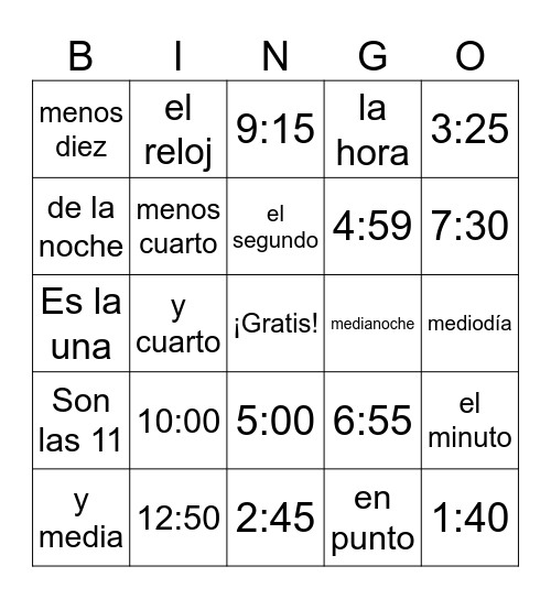 EL BINGO DE LA HORA Bingo Card