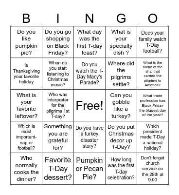 Thanksgiving Trivia Bingo Card