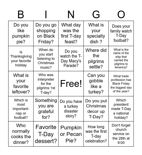 Thanksgiving Trivia Bingo Card