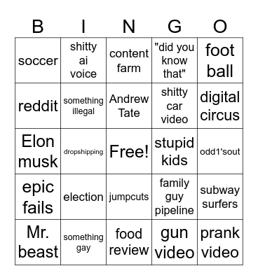 YT SHORTS BINGO Card