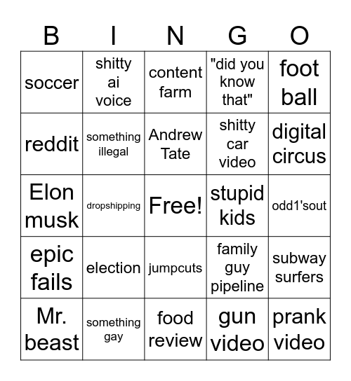 YT SHORTS BINGO Card